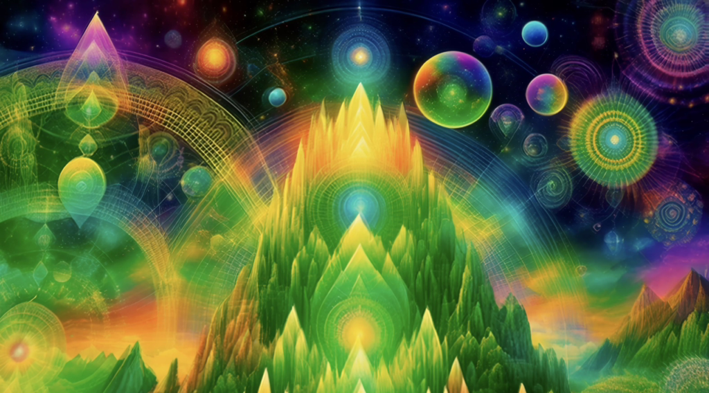 Layered emerald mountain temple surrounded by floating planets and concentric cosmic patterns in a night universe.